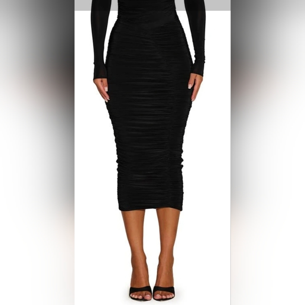 naked wardrobe Black Ruched Midi Skirt - Picture 2 of 11